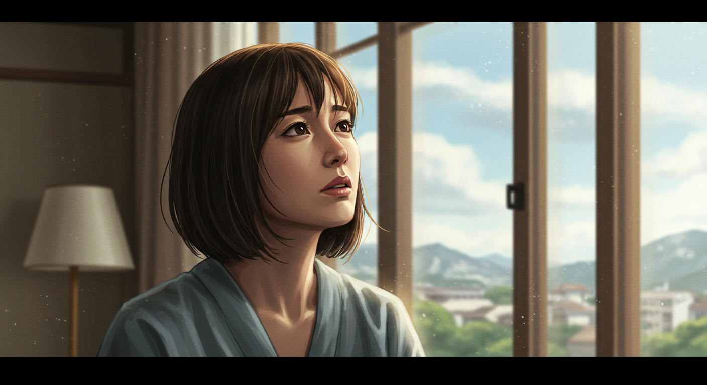 少し困ったような、でも真剣な表情で窓の外の空を見上げている30代の日本人女性のイラスト。部屋には柔らかい光が差し込んでいる。