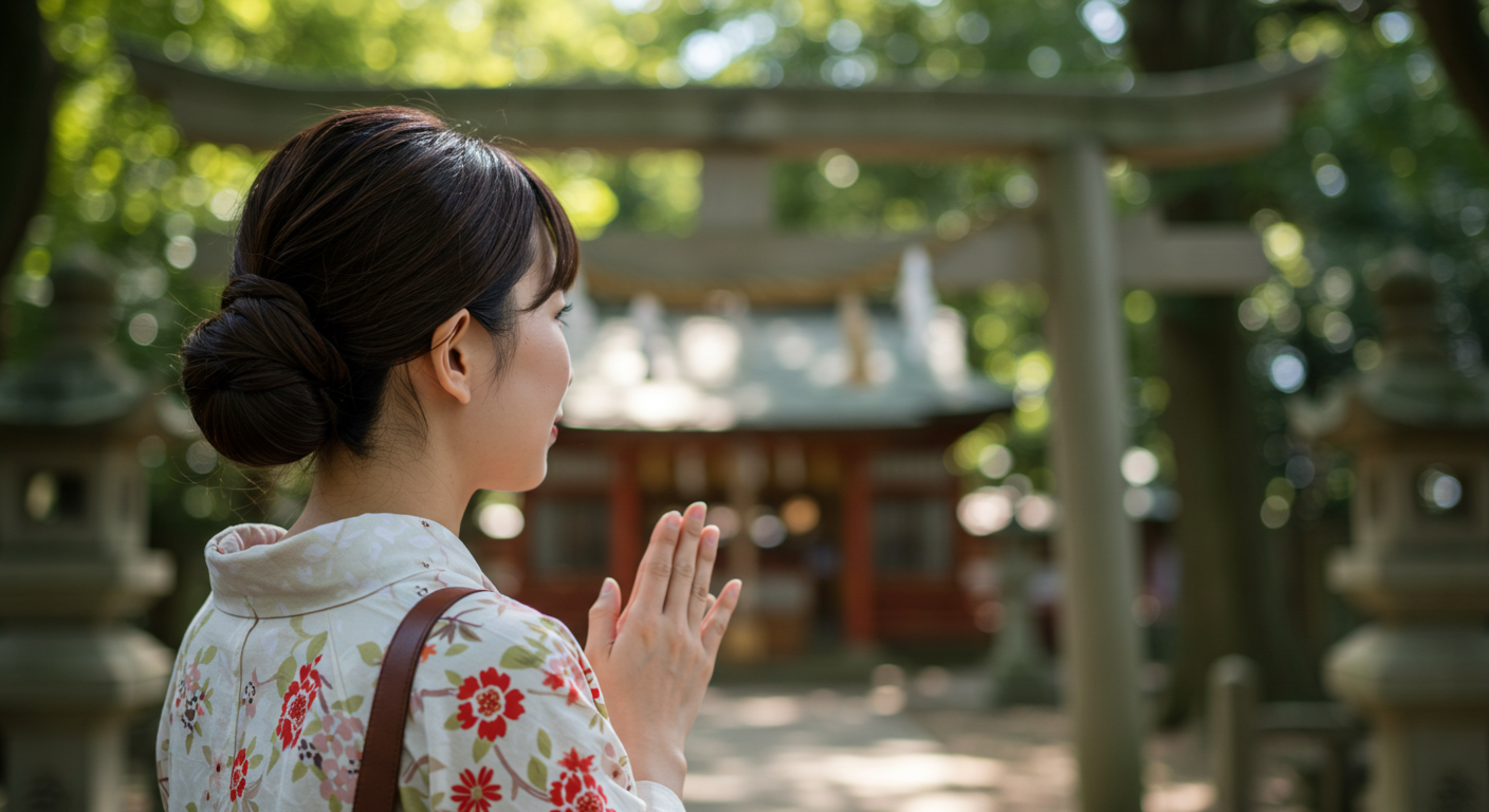 神社で清々しい表情で静かに手を合わせている日本人女性の後ろ姿。木漏れ日が優しく彼女を照らしている。希望や安心感が伝わるイメージ。