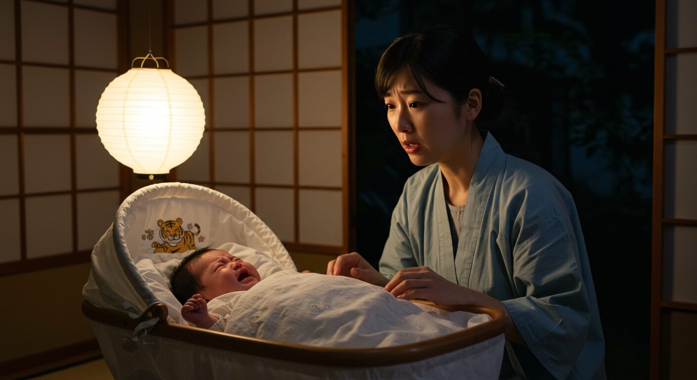 夜、泣いている赤ちゃんを心配そうに見守る母親