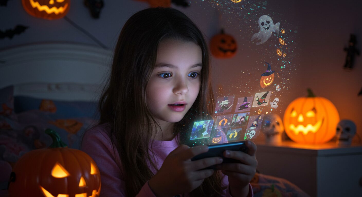 部屋で一人スマホを見ながらハロウィンに憧れている女の子と、その周りにキラキラしたハロウィンのイメージが広がっている
