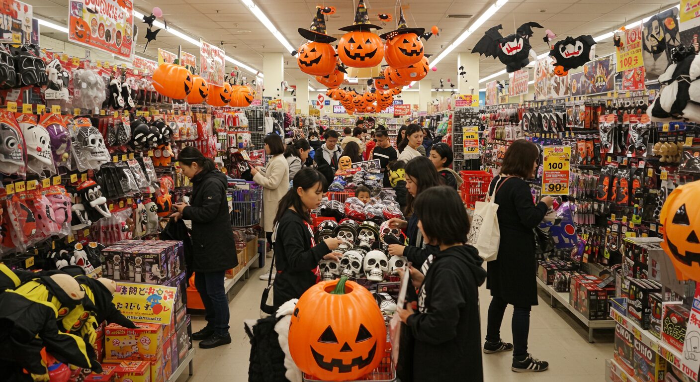 ドン・キホーテと100円ショップのハロウィングッズコーナーが賑わっている様子