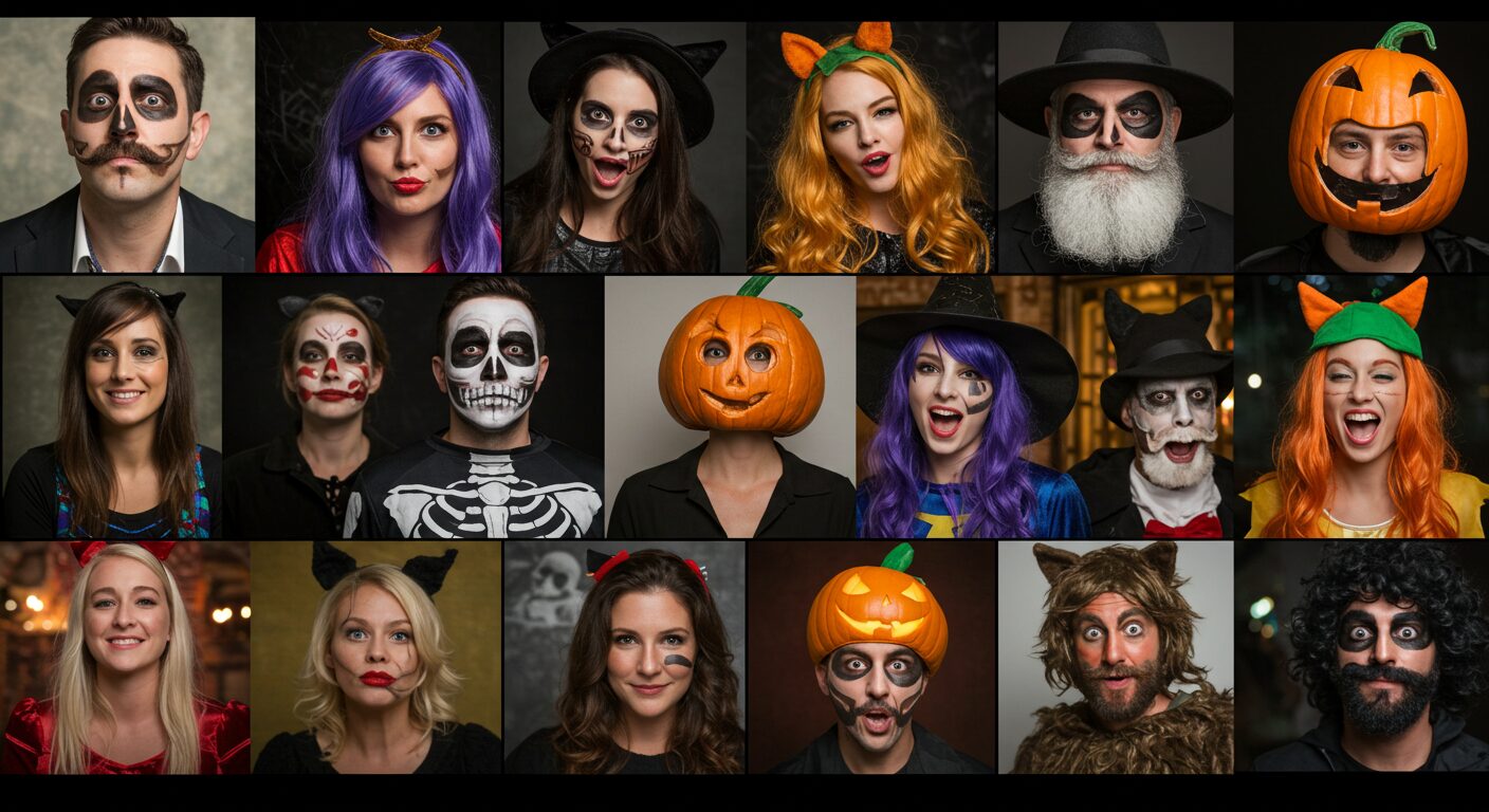様々なハロウィンコスプレをした人たちが楽しそうにしているコラージュ風