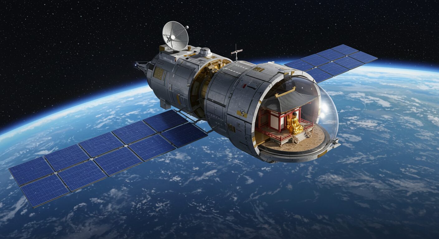 青い地球を背景に軌道上を周回する人工衛星。その一部が透けており、中に小さく美しいお寺の伽藍が見える未来的なイメージ。