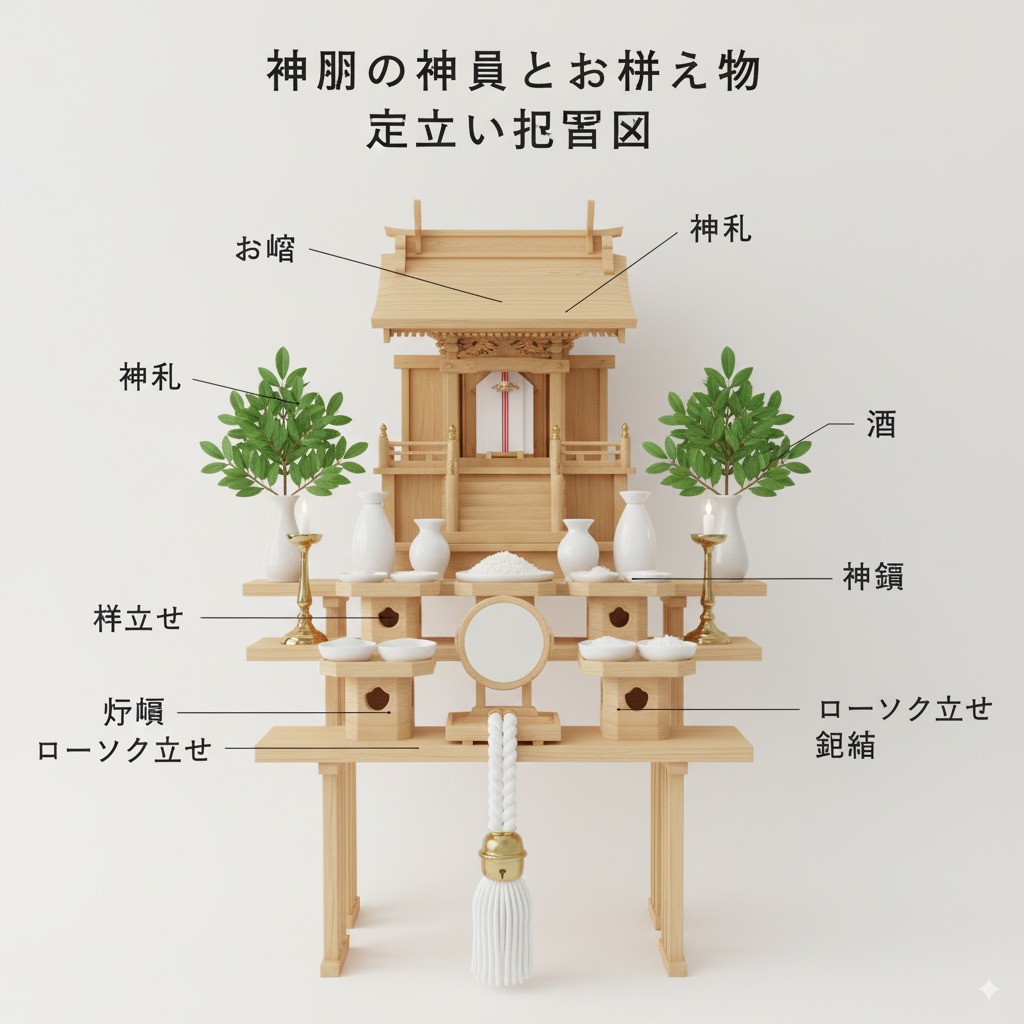 神棚の神具とお供え物の正しい配置図
