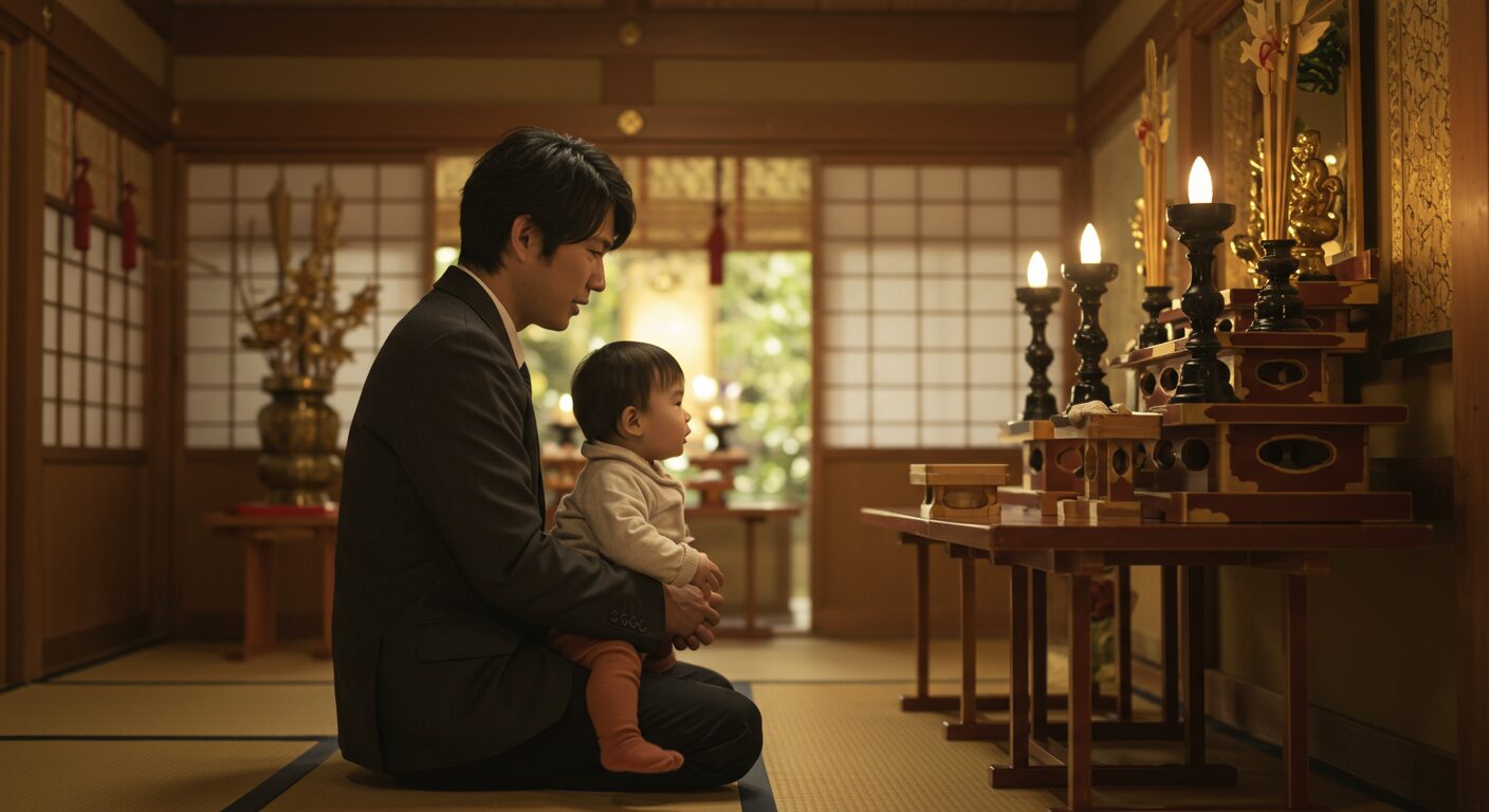 優しい光が差し込む和室で、若い父親が小さな子供と一緒に神棚に手を合わせている、温かい雰囲気の写真。日本人父親は子供に何かを優しく語りかけている。
