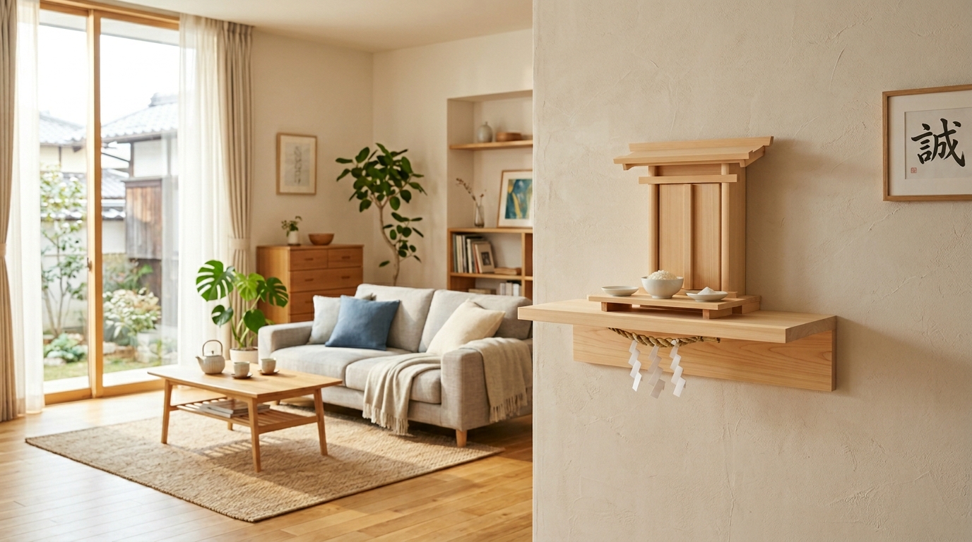 現代のライフスタイルに合わせたシンプルで温かみのある神棚の設置例