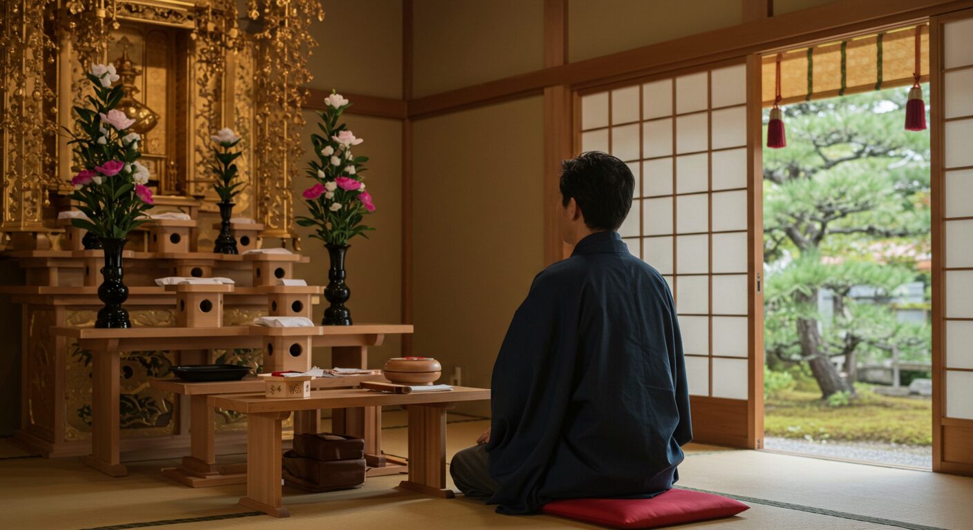 神棚の前で心を整える40代男性