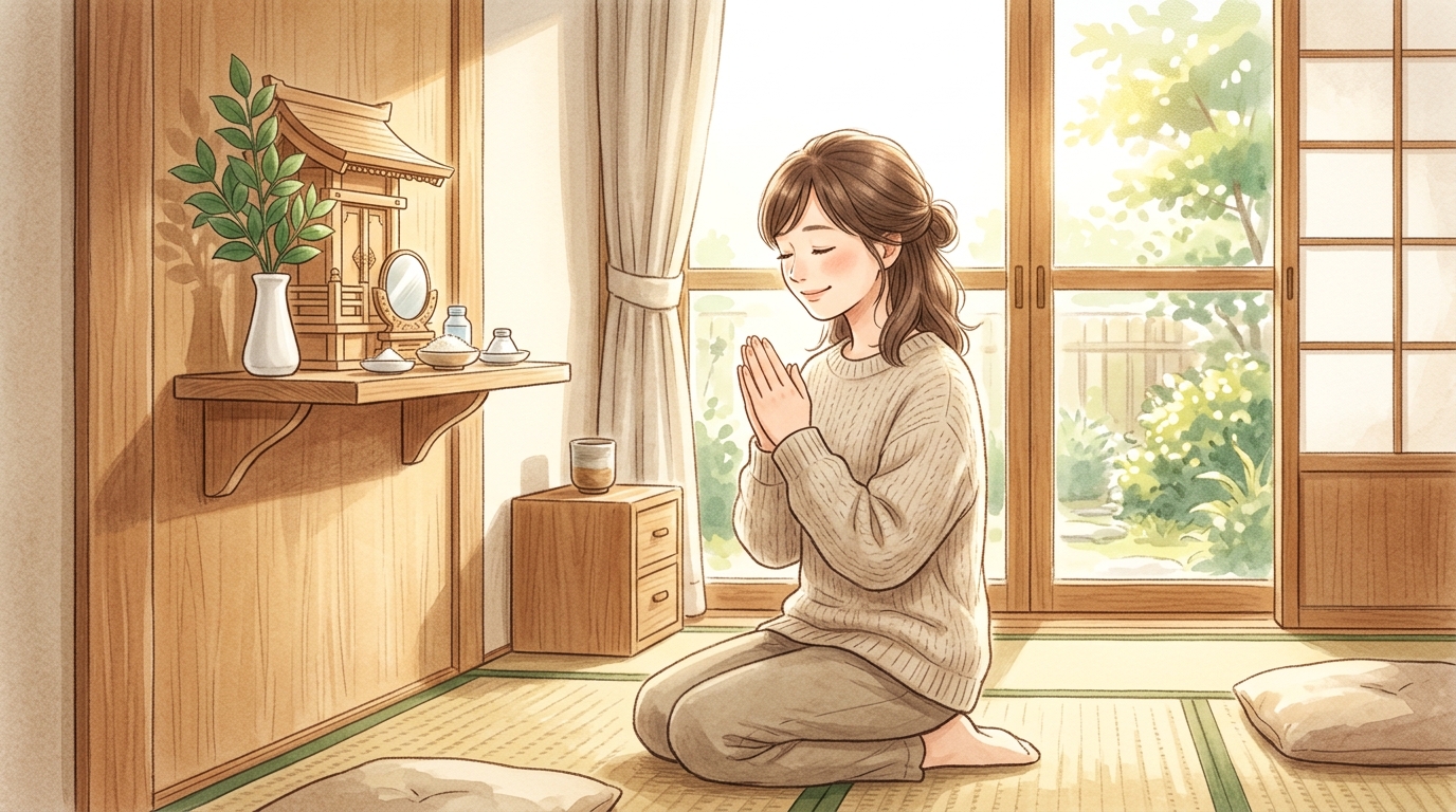 形にとらわれず感謝の心で神棚に手を合わせる穏やかな日常風景