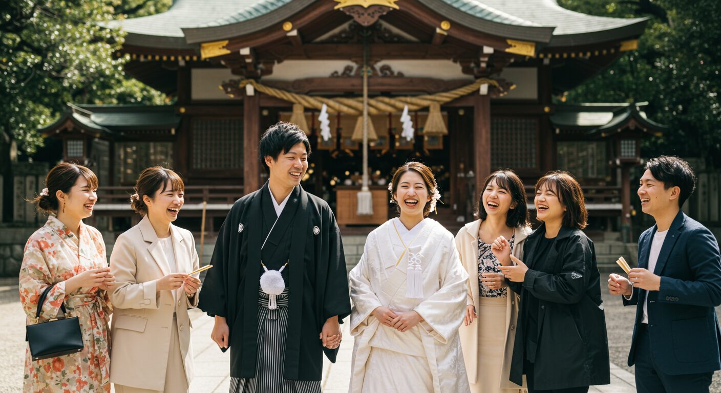 神社の美しい境内を背景に、伝統的な和装の新郎新婦が、おしゃれな服装の友人たちに囲まれて満面の笑みを見せている。伝統と自由が融合した、新しい神前式の幸せな瞬間。