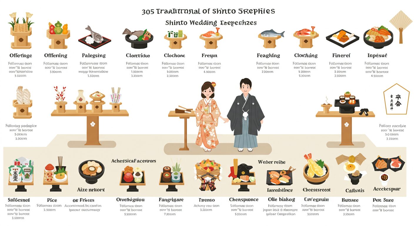 神前式の費用の内訳を分かりやすく解説したイメージ画像。初穂料、衣装代、会食費などの項目が並んでいる。