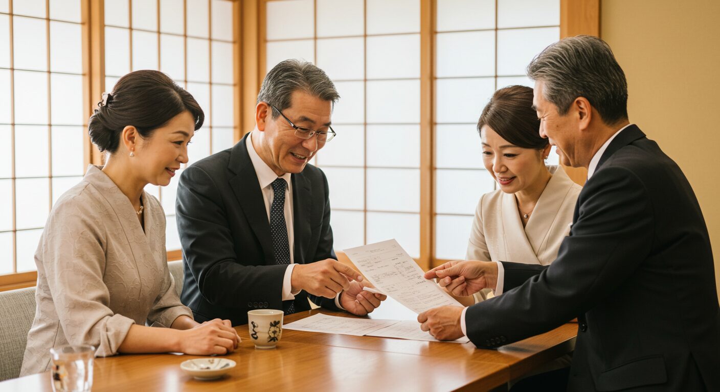 神前式の費用について、両家の両親が和やかな雰囲気で話し合っている画像。お金の不安を解消し、円満な関係を築きながら、娘の結婚を共に祝うことの大切さを象徴している。
