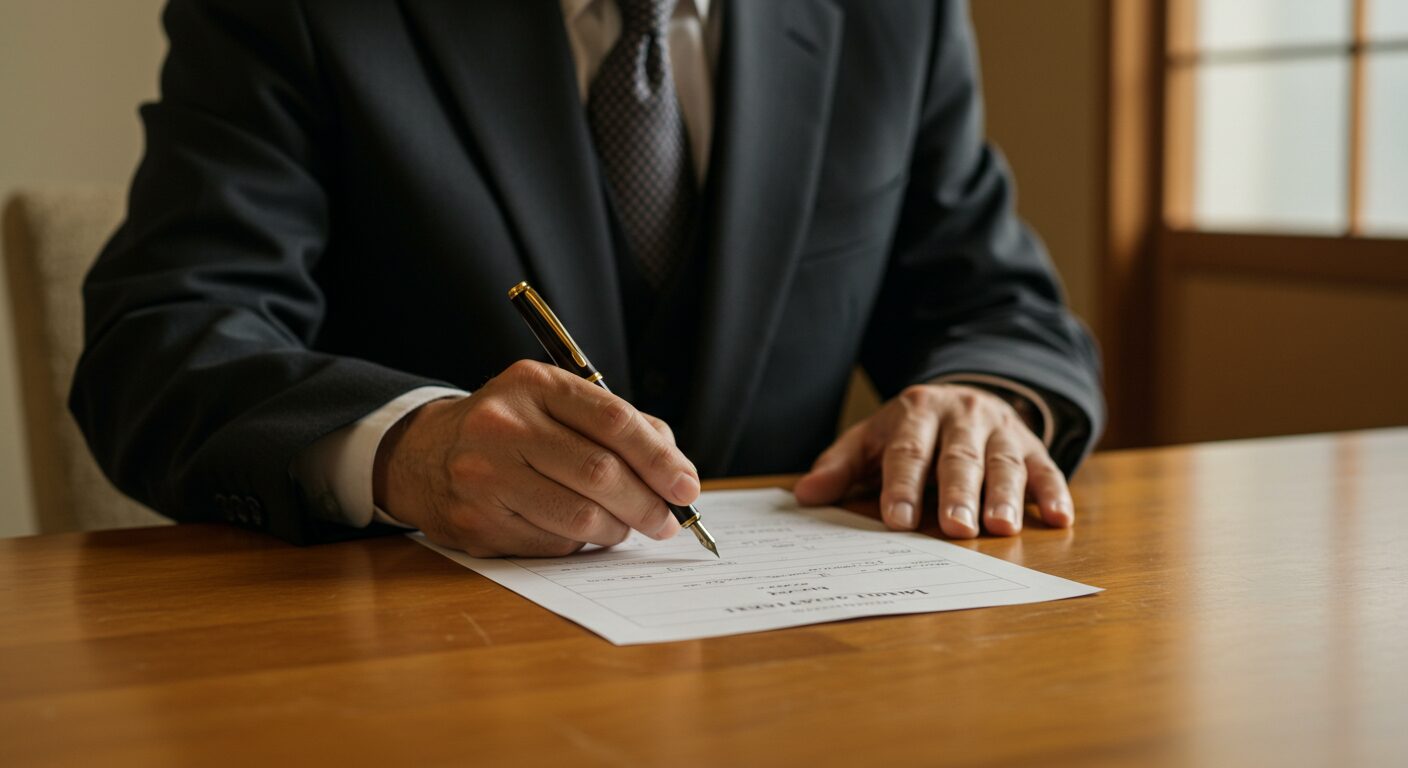 父が娘の婚姻届の証人欄に署名する、神聖な瞬間を切り取った画像。その手元からは、娘への深い愛情と幸せを願う祈りが伝わってくる。