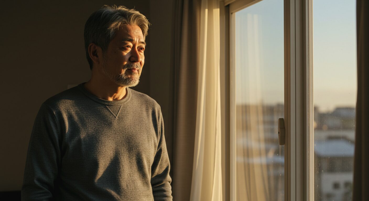 窓の外を見ながら、娘の幸せを想う父親の後ろ姿。少し寂しげだが、温かい光が差し込んでいる。