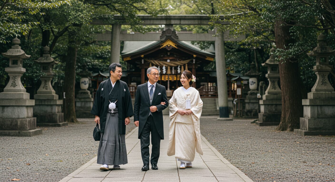 結婚奉告祭を終え、神社の境内を晴れやかな笑顔で歩く若い夫婦と、その二人を温かく見守る父親の姿。家族だけで祝う、静かで尊い門出を象徴する一枚。
