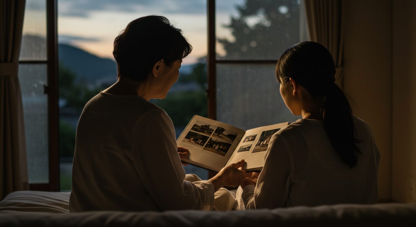 夕暮れの部屋で、一人静かに娘との思い出のアルバムを眺める日本人母親（または父親）の少し寂しげな背中。