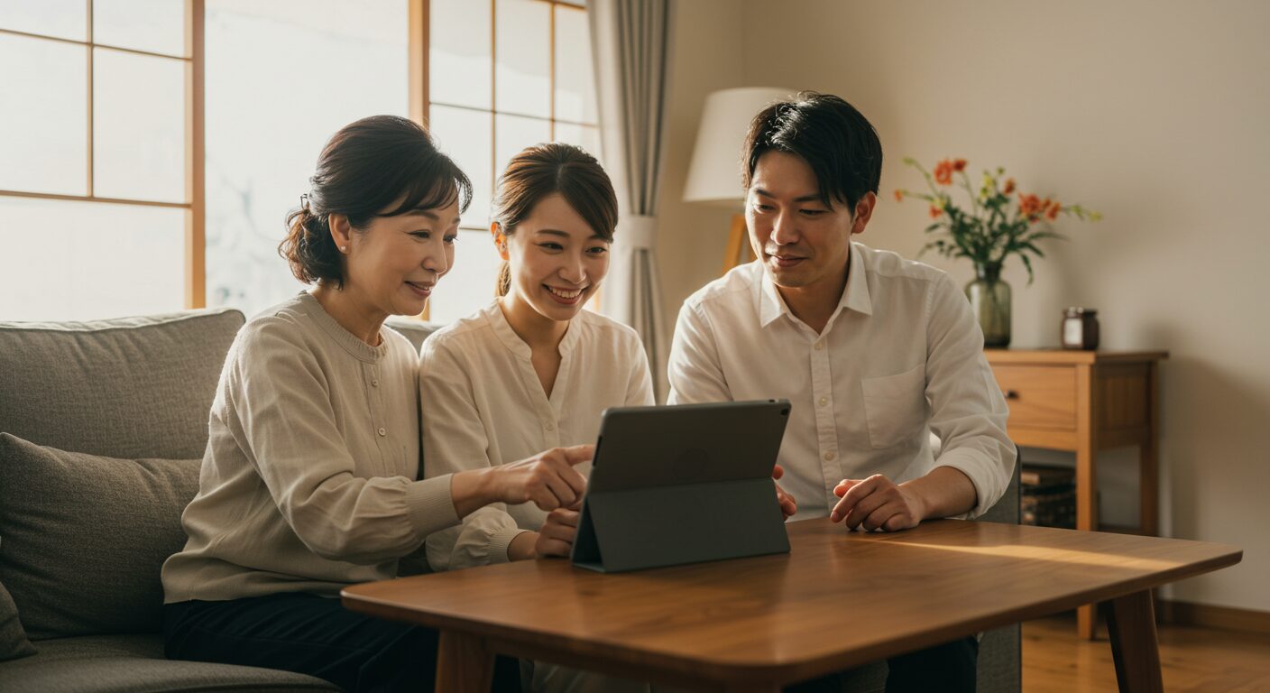娘の結婚に寂しさを感じていた親が、リビングで娘夫婦とタブレットを覗き込み、温かい笑顔を浮かべている。寂しさが、新しい家族との絆の喜びへと変わった瞬間を切り取った一枚。