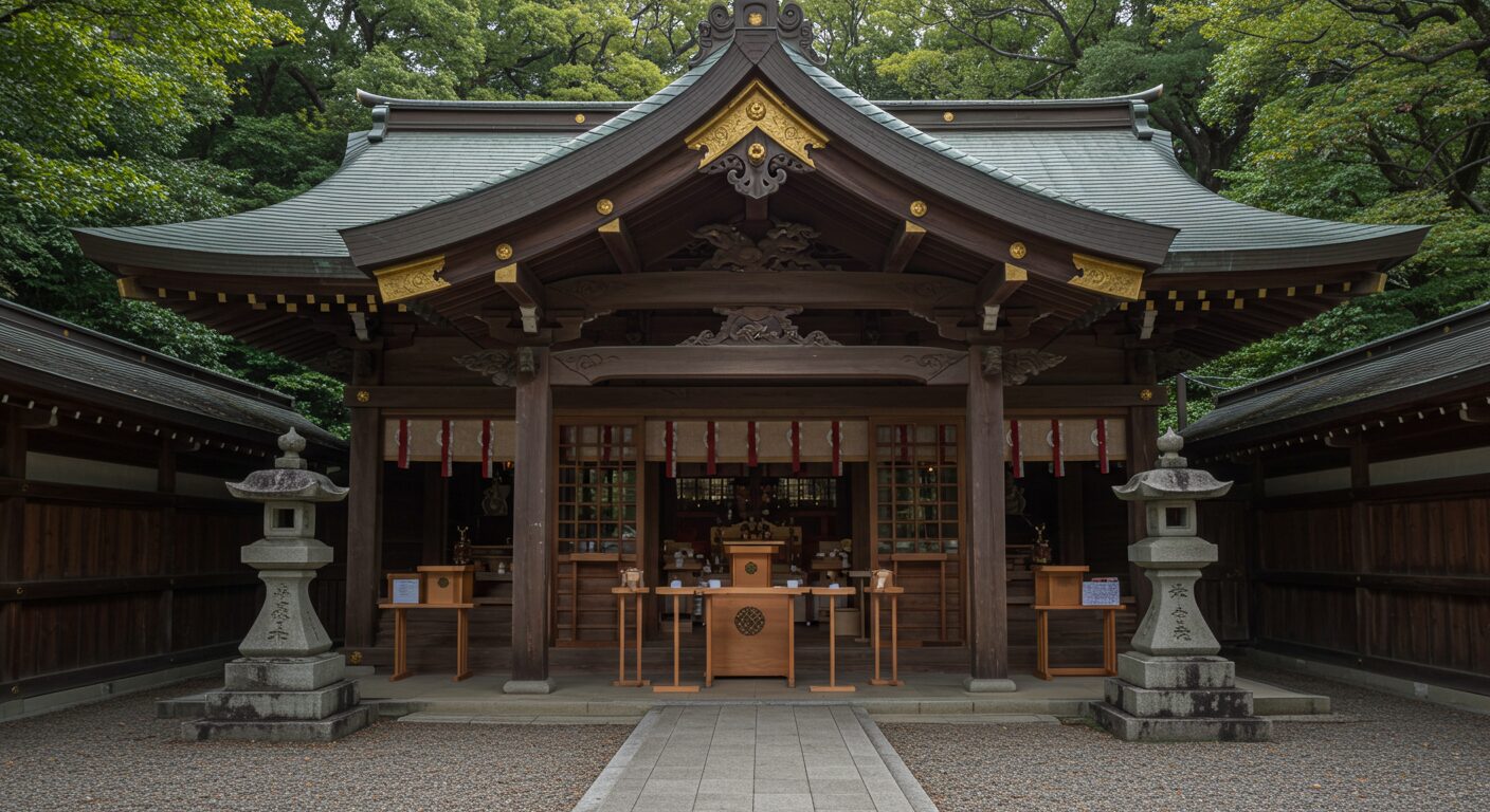 伝統的な神社の美しい社殿。昔ながらの少しコンパクトな作りが、神前式が親族中心で行われてきた理由の一つであることを示唆している。