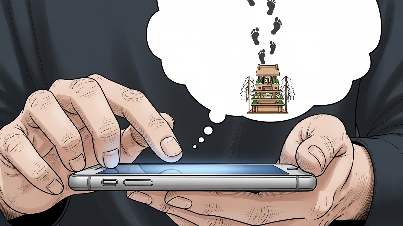 神棚の上に人が住んでいることに気づき焦る様子