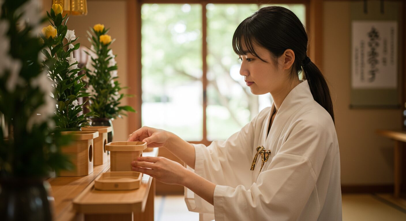 画像プロンプト：柔らかな朝日が差し込む部屋で、女性が静かに「水玉（水玉）」＊＊と呼ばれる神棚に水を供えるための水入れを替えている様子。手元にフォーカスし、その丁寧な所作と穏やかな心の状態が伝わるような、静謐で美しい写真。）