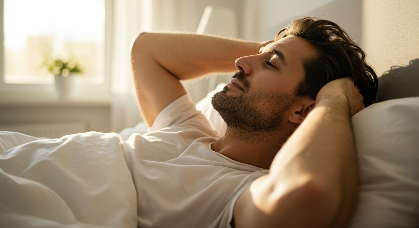 朝日の中で気持ちよく目覚める男性