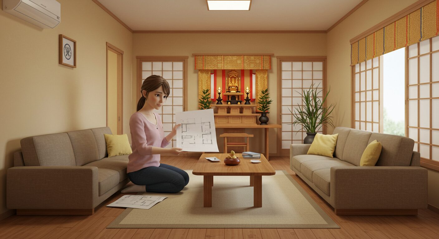 自宅の狭いリビングで、間取り図を片手に「うーん…」と頭を悩ませる若い日本人女性。どう家具を配置しても神棚に背を向けてしまう状況に困っている。