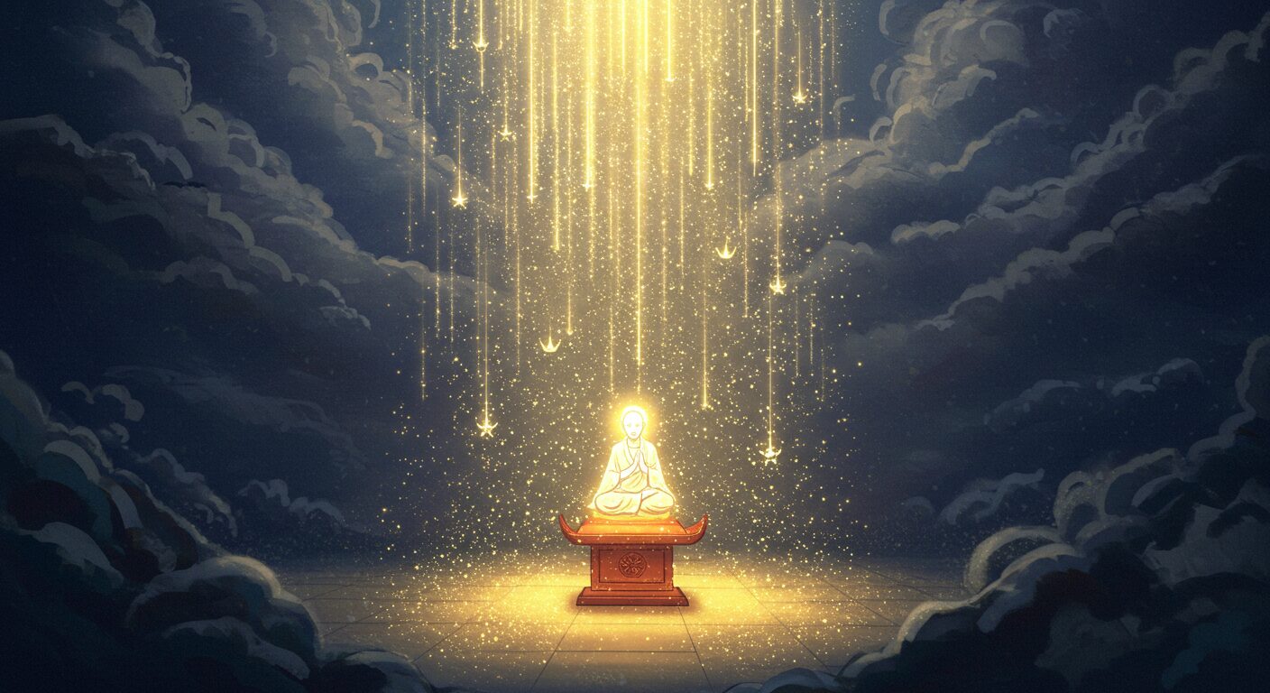 人物は描かず、キラキラと輝く光のシャワーが、家の中心にある神棚に向かって天から降り注いでいるイメージイラスト。神聖で美しいエネルギーの流れが可視化されている。