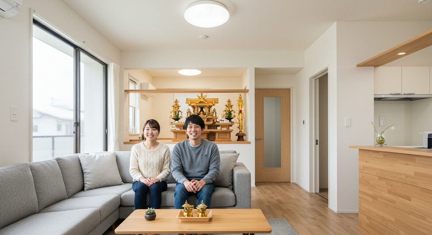 新築の明るいリビングで、どこに神棚を置こうかワクワクした表情で部屋を見渡す若い日本人夫婦。希望に満ちた雰囲気。