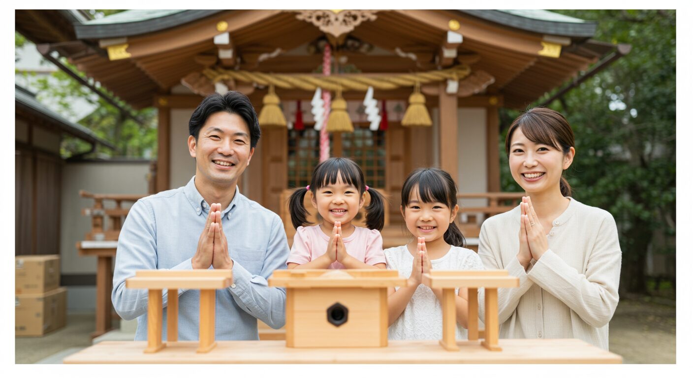 完成した神棚の前で、家族3人（父・母・小さい娘）がにこやかに手を合わせている。新しい神棚のある暮らしが始まった喜びと、家族の幸せが伝わってくる一枚。