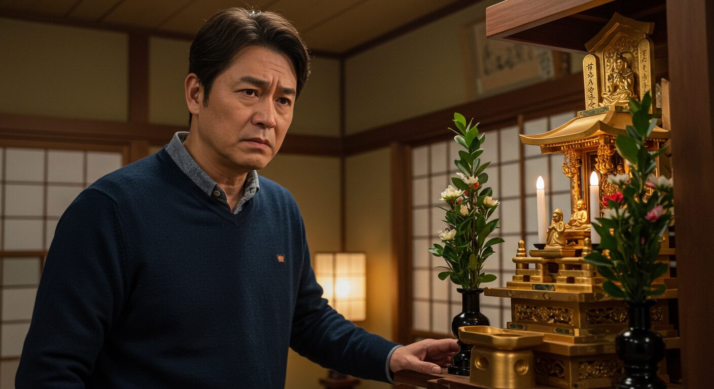 自宅で神棚のことについて深刻な表情で悩む中年の人物