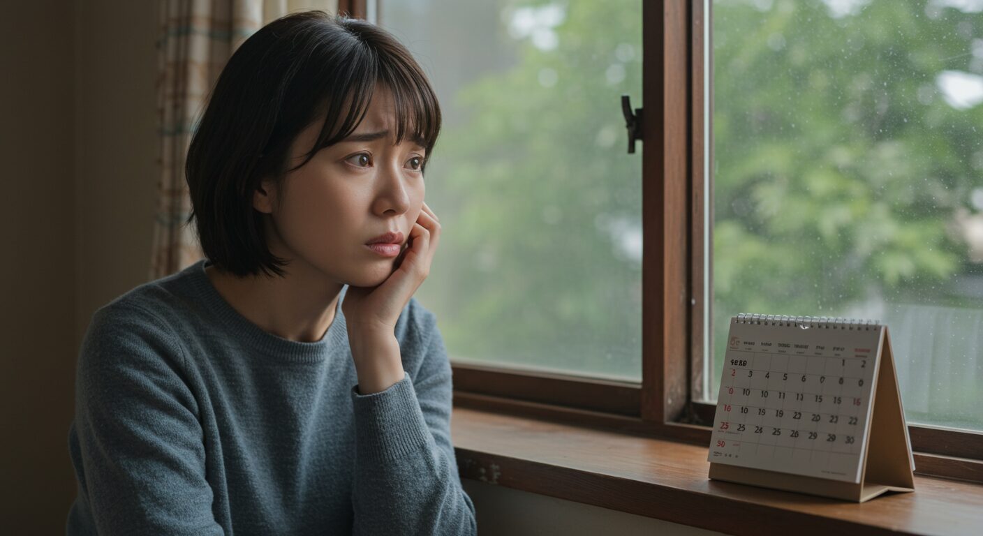 窓辺に置かれたカレンダーを見ながら、ハッとした表情で考え込む日本人女性。過去の自分の行動を思い出し、少し表情が曇っている。部屋には静かな時間が流れている。
