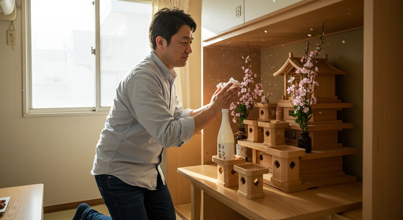 いワンルームで神棚の配置に悩む30代の日本人男性