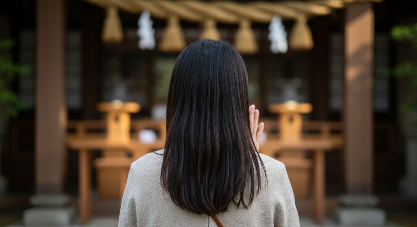 朝、神棚に向かって静かに手を合わせる日本人女性の後ろ姿。表情は見えないが、その姿から「いつもありがとう」という穏やかで温かい気持ちが伝わってくる。