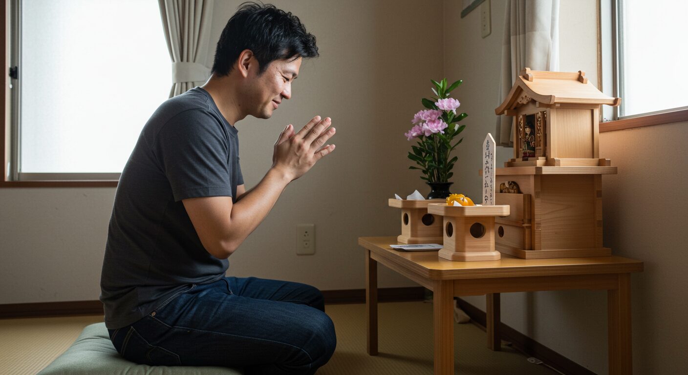 綺麗に片付いたワンルームで、小さな神棚に感謝の祈りを捧げる30代の男性