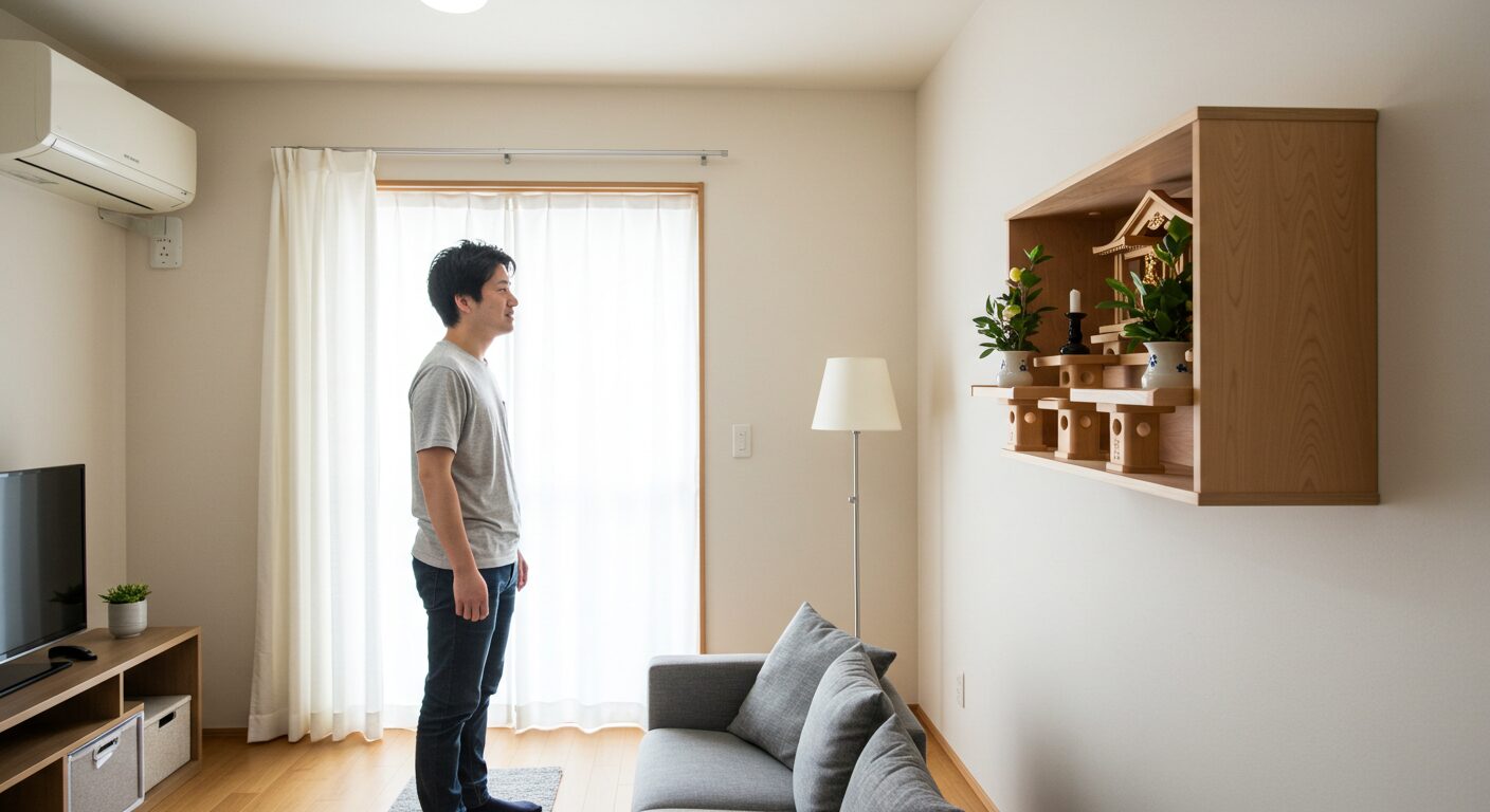 ワンルームの壁に設置したモダンな神棚を、満足そうな表情で眺める30代の日本人男性