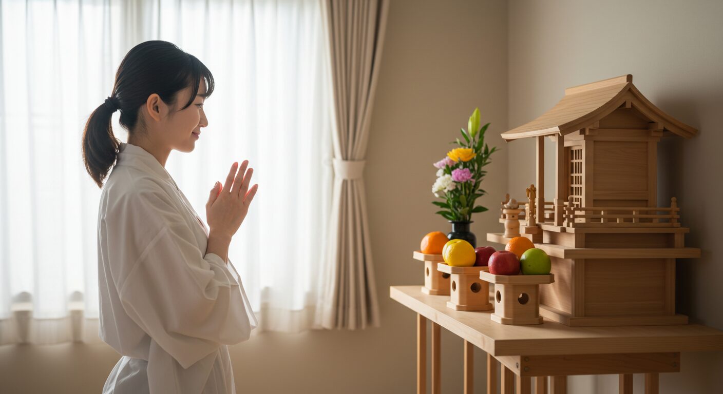 自宅の神棚の前で、安堵したような穏やかな表情で手を合わせる人物