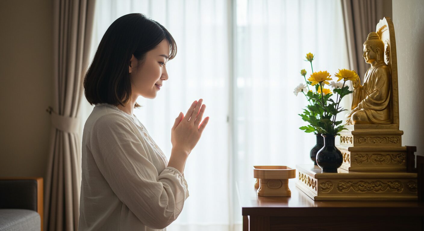 神棚への不安が解消され、リビングで穏やかな表情で手を合わせる日本人女性