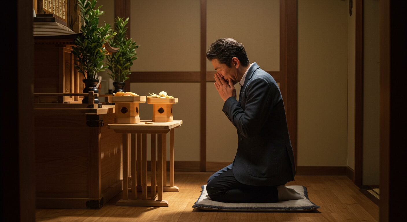 自宅の神棚の前で、過去の過ちへの罪悪感から解放され、晴れやかな表情で手を合わせる中年の日本人