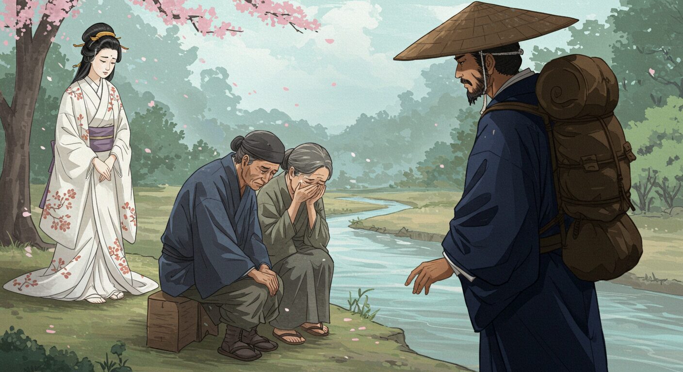 旅人のような姿のスサノオが、川のほとりで泣いている老夫婦と美しいクシナダヒメの話を真剣な表情で聞いている絵。