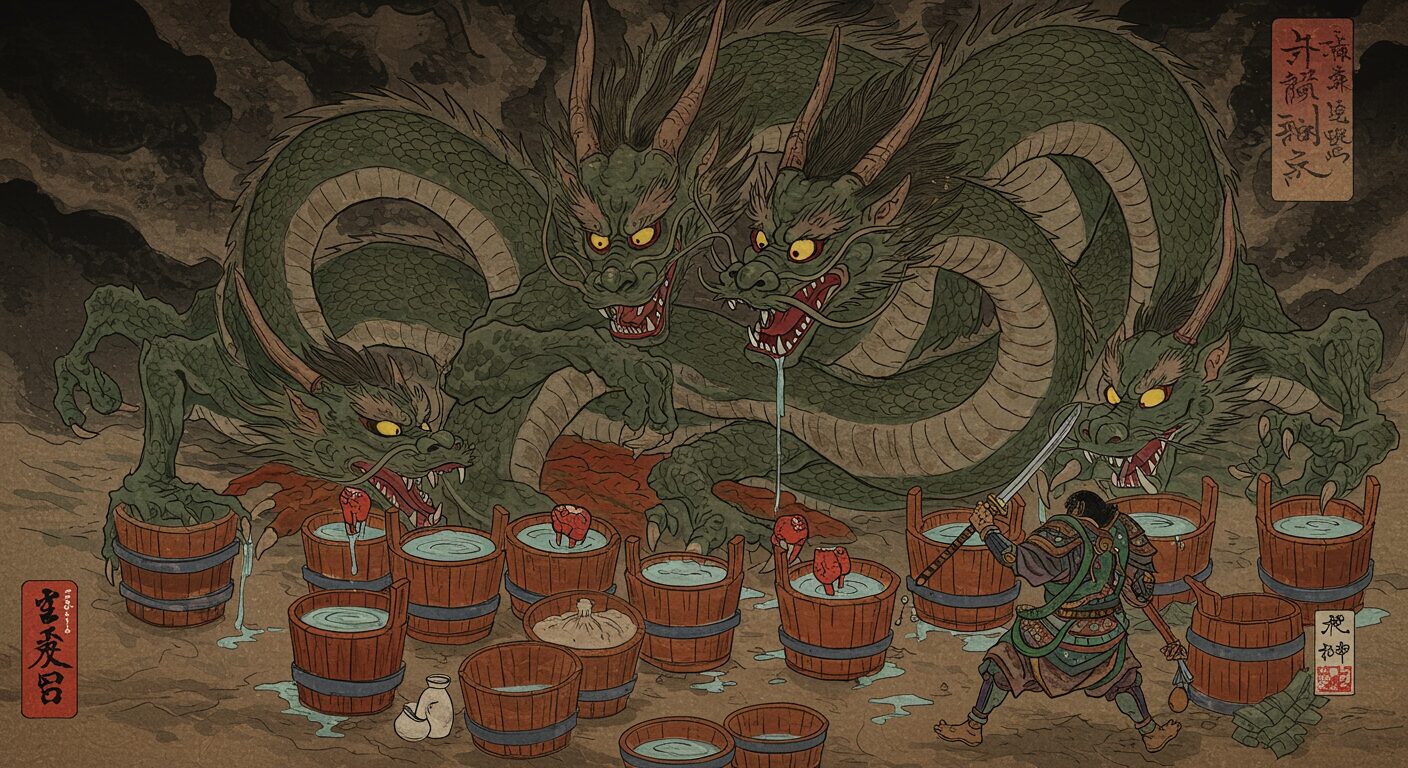 巨大なヤマタノオロチが8つの桶に頭を突っ込んで酒を飲んで酔いつぶれているところを、英雄スサノオが剣を抜いて討ち取ろうとしている迫力ある絵。