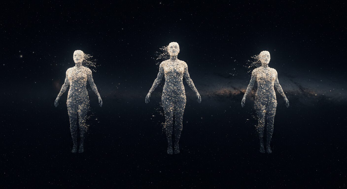 暗い宇宙空間に、光の粒子でできた性別のない三人の神が次々と現れては消えていく、神秘的なイメージ。