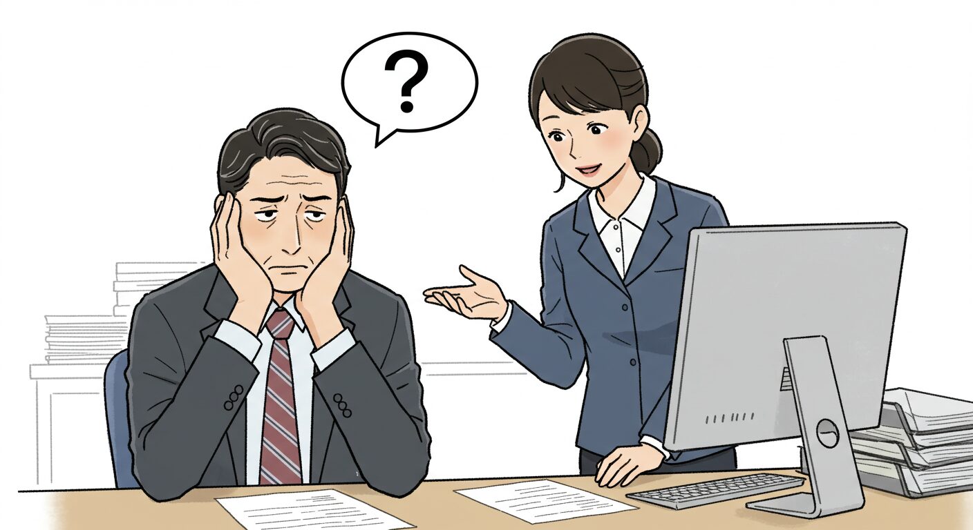 40代の日本人男性が退職を考えて悩んでいる様子を表現したイメージ。背景には書類やパソコンが置かれたデスクがあり、少し疲れた表情をしている。