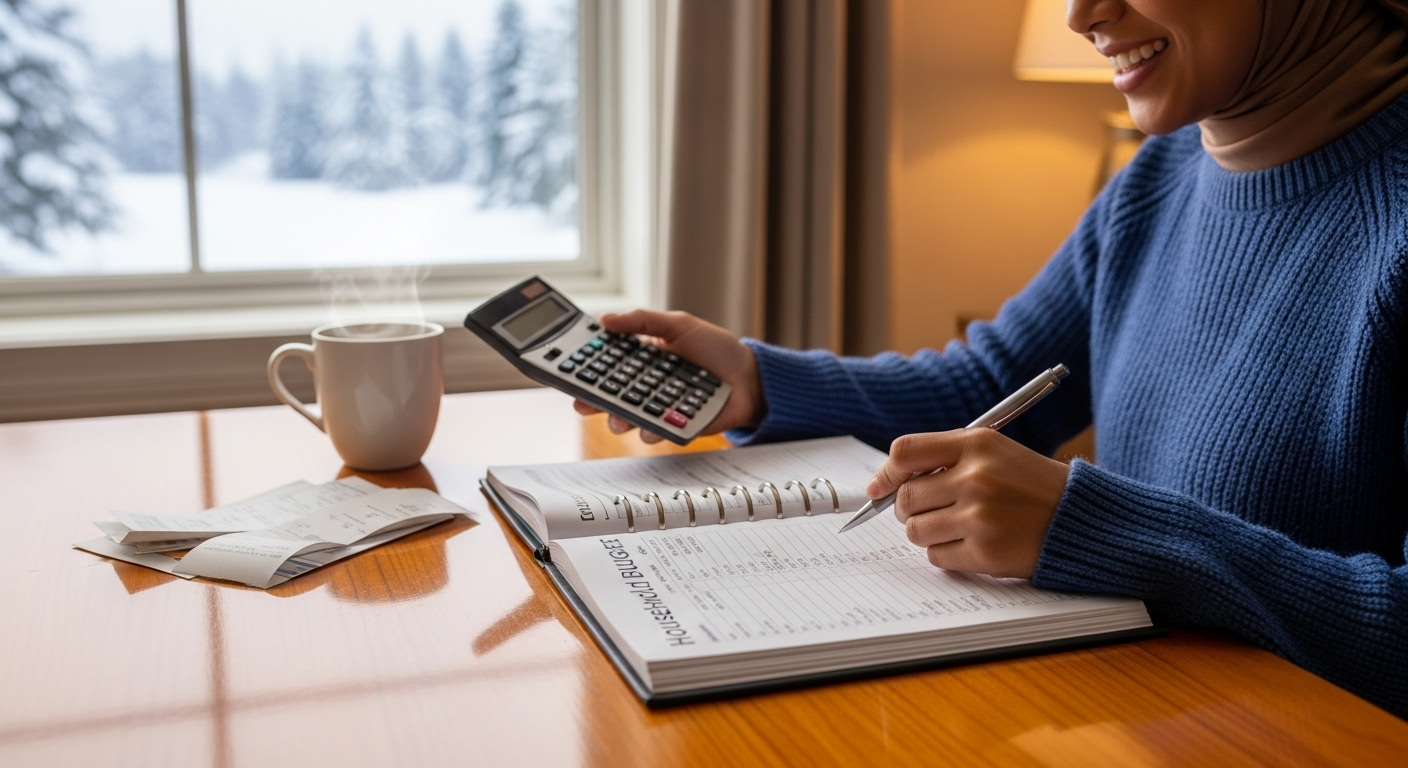 電卓とペンを手に、笑顔で家計簿(または計画ノート)を付けている人物。窓の外は冬景色。