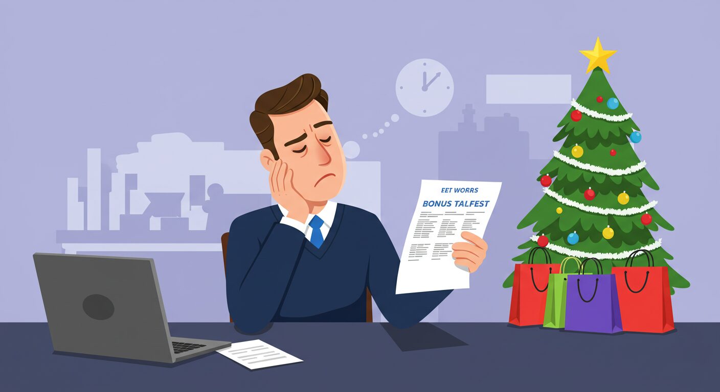 ボーナス明細書を眺めてため息つくサラリーマンのイラスト、背景にクリスマスツリーと買い物袋。平均額の悩みを楽しく視覚化して、読者の共感を呼ぶイメージ