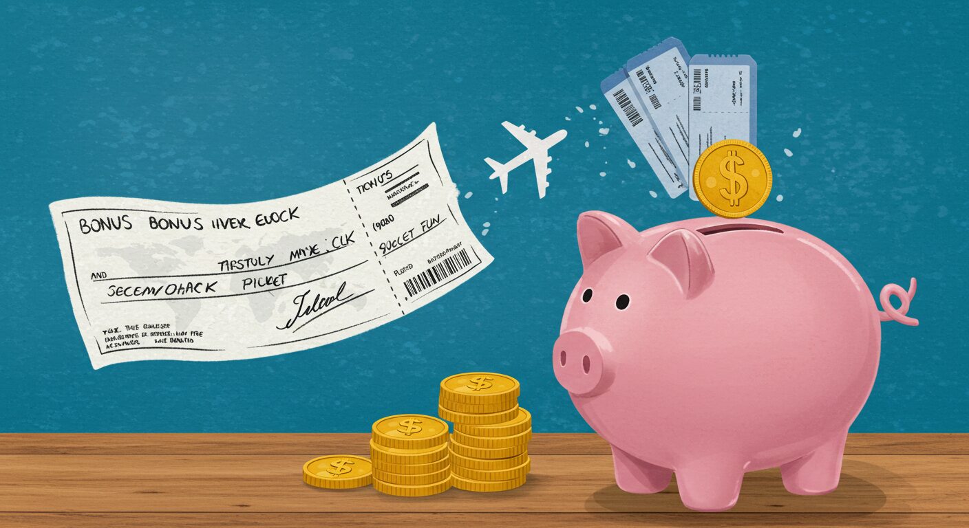 ボーナス小切手から貯金箱と旅行チケットが生まれるイラスト。賢い使い道の喜びを表現し、読者が「これなら楽しめる！」と感じる明るいイメージ