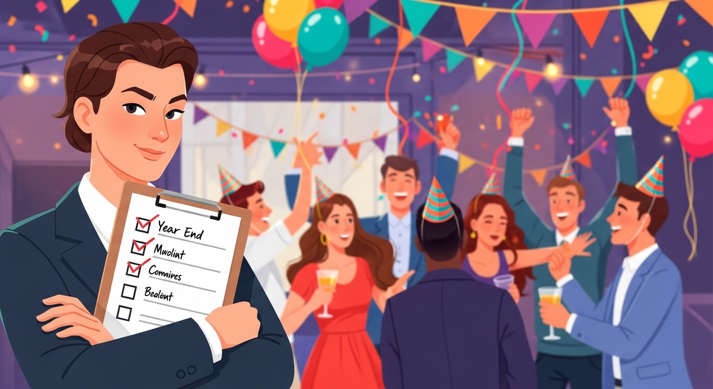 チェックリストが書かれたクリップボードを手に、自信満々の表情で腕を組む人物のイラスト。背景には楽しそうな忘年会の様子。