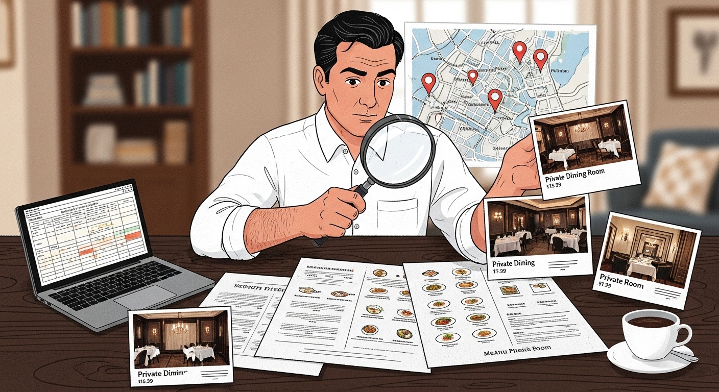 虫眼鏡でお店の情報(地図、メニュー、個室写真)をチェックしている幹事のイラスト