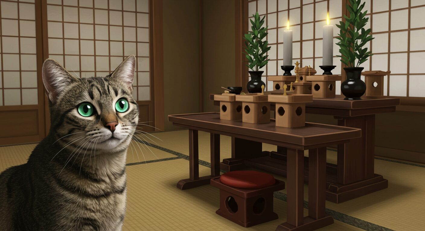 和室の神棚を、少し離れた場所から猫が興味深そうに見つめている。猫の表情は好奇心に満ちている