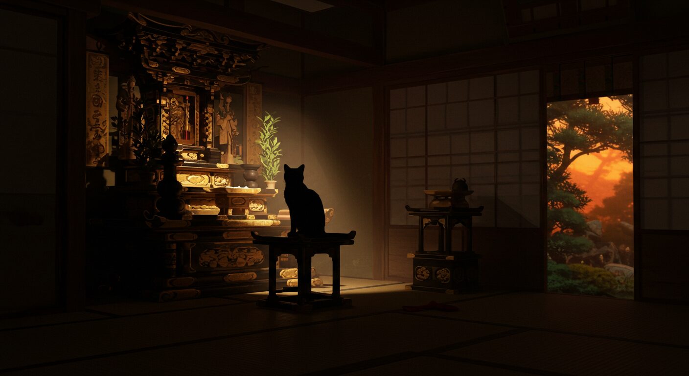 薄暗い静かな和室の中、神棚にスポットライトのように光が差し、そこに座る猫のシルエットが神秘的に浮かび上がっている。