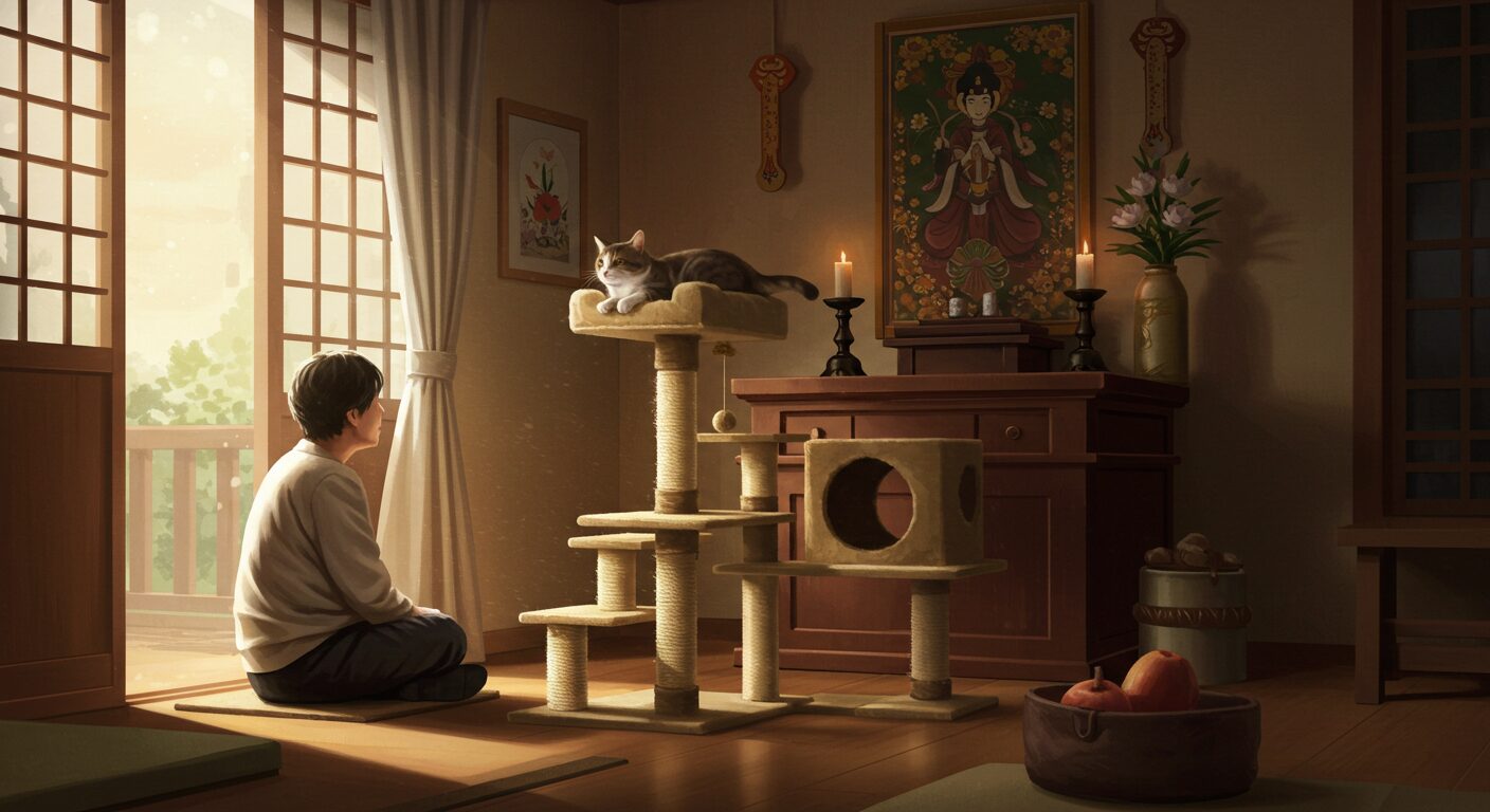 飼い主が、神棚の近くに置かれたキャットタワーの最上段でくつろぐ猫を、優しく見守っている。部屋全体が温かい雰囲気に包まれている。