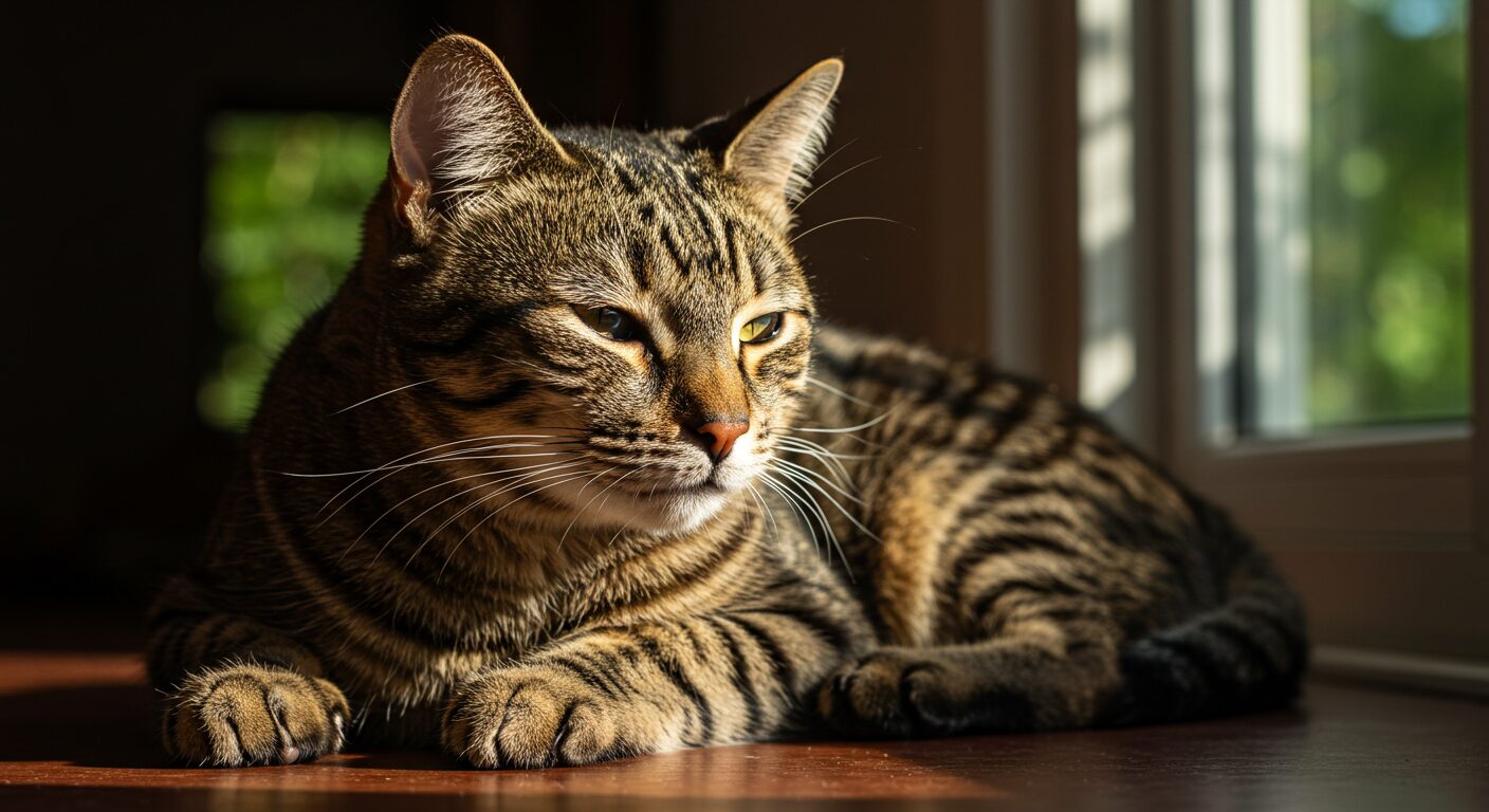 窓からの柔らかい光の中で、気持ちよさそうに目を細めている猫のクローズアップ。穏やかで幸せな雰囲気を表現。